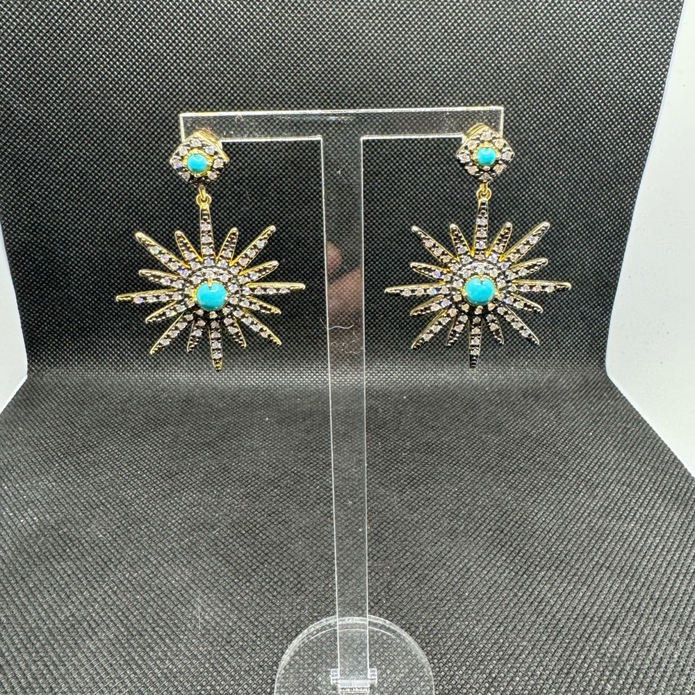 14K Yellow Gold Plated Turquoise & Swarovski Crystal Accented Starburst Earrings - Picture 4 of 5